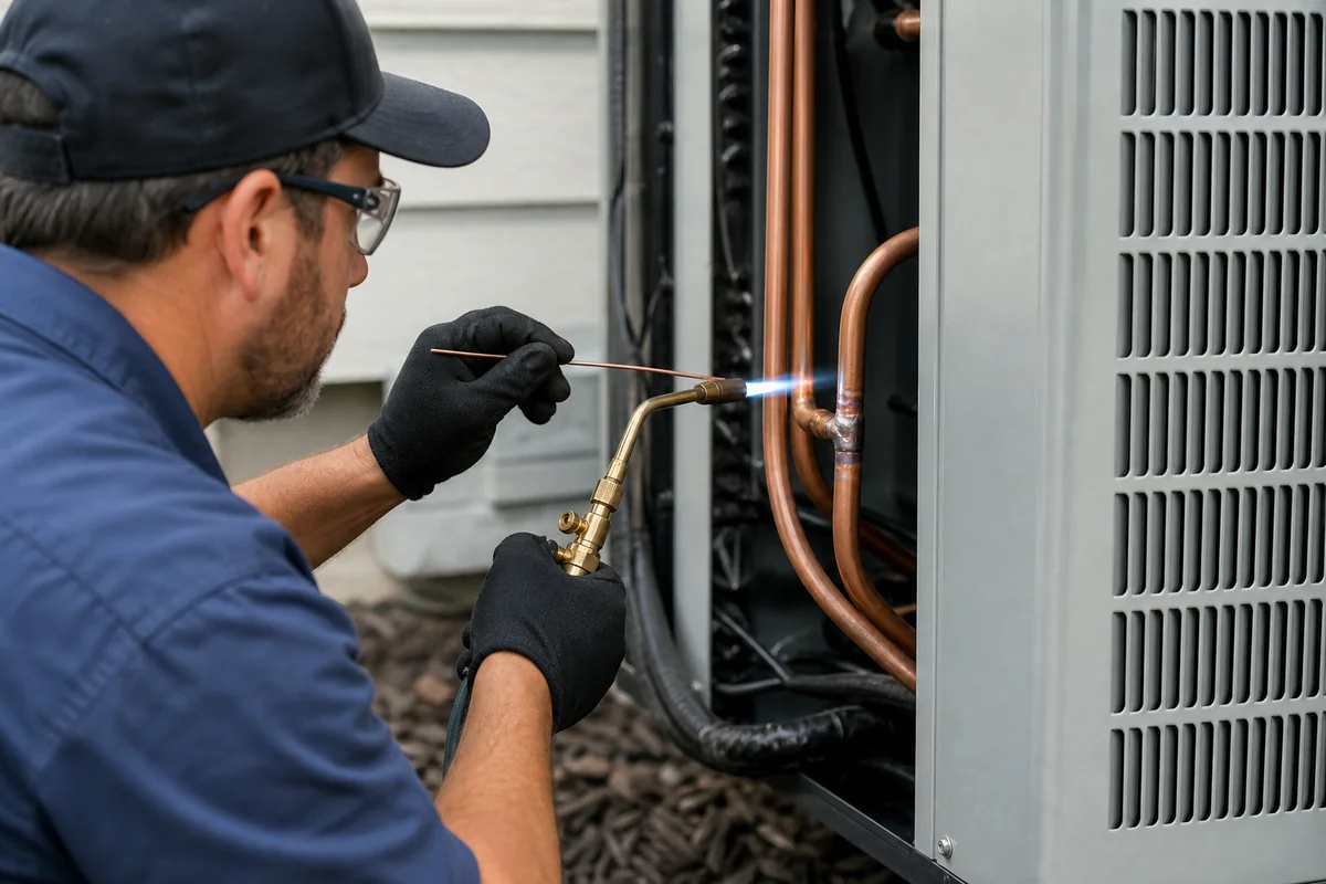 Technician soldering copper HVAC line with tin-silver alloy and torch