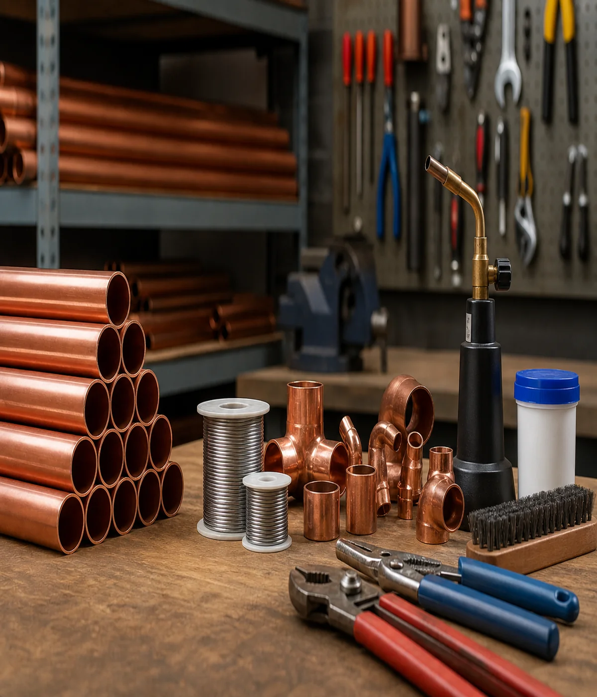 Organized trade workshop with copper fittings and solder supplies